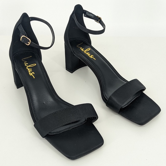 Lulu's Shoes Lulus Heels Black Satin Ankle Strap Block Heels